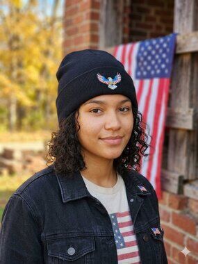 American Bald Eagle Flag Patched Knit Cuffed Beanie in Black.